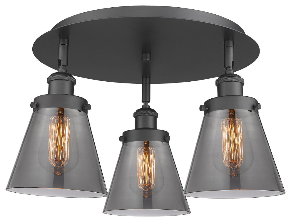Cone-3 Light 18" Flush Mount-Matte Black, Plated Smoke Glass Shade