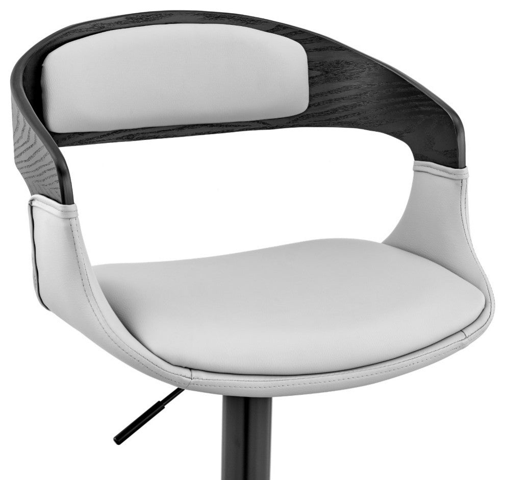 Benson Adjustable Faux Leather and Wood Bar Stool With Metal Base, Gray and Blac