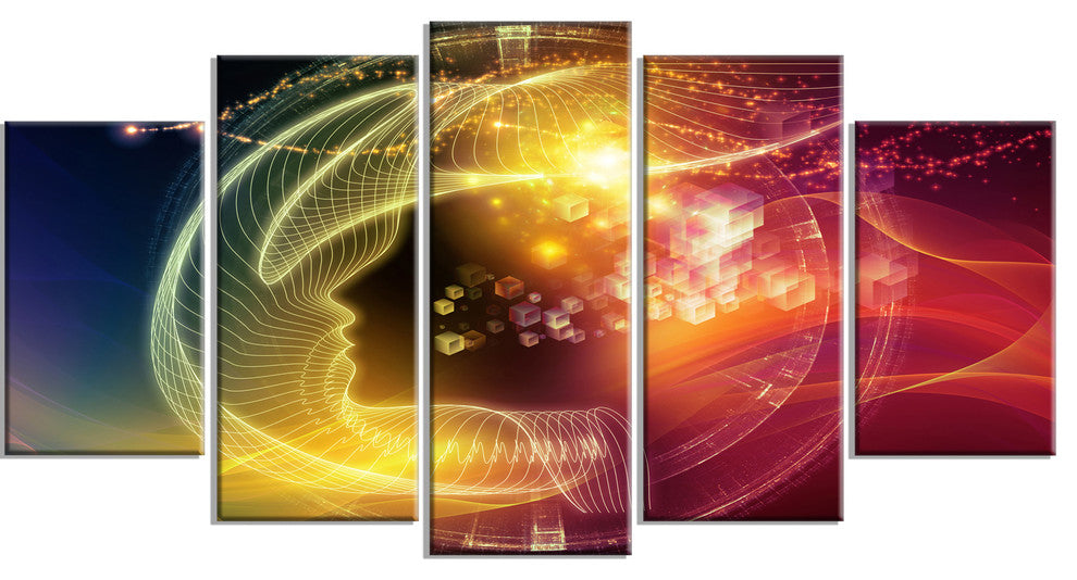 Illuminating Human Head Fractal, Contemporary Canvas Print, 60"x32", 5 Panels