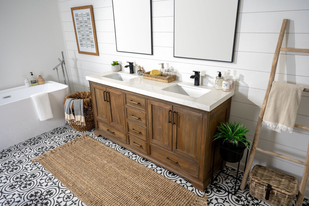 Charlotte Teak Wood Vanity, Distressed Gray, Empira Quartz, 72"