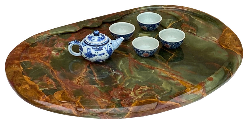 Chinese Natural Green Stone Craved Lotus Theme Tea Basin Tray Hws2284