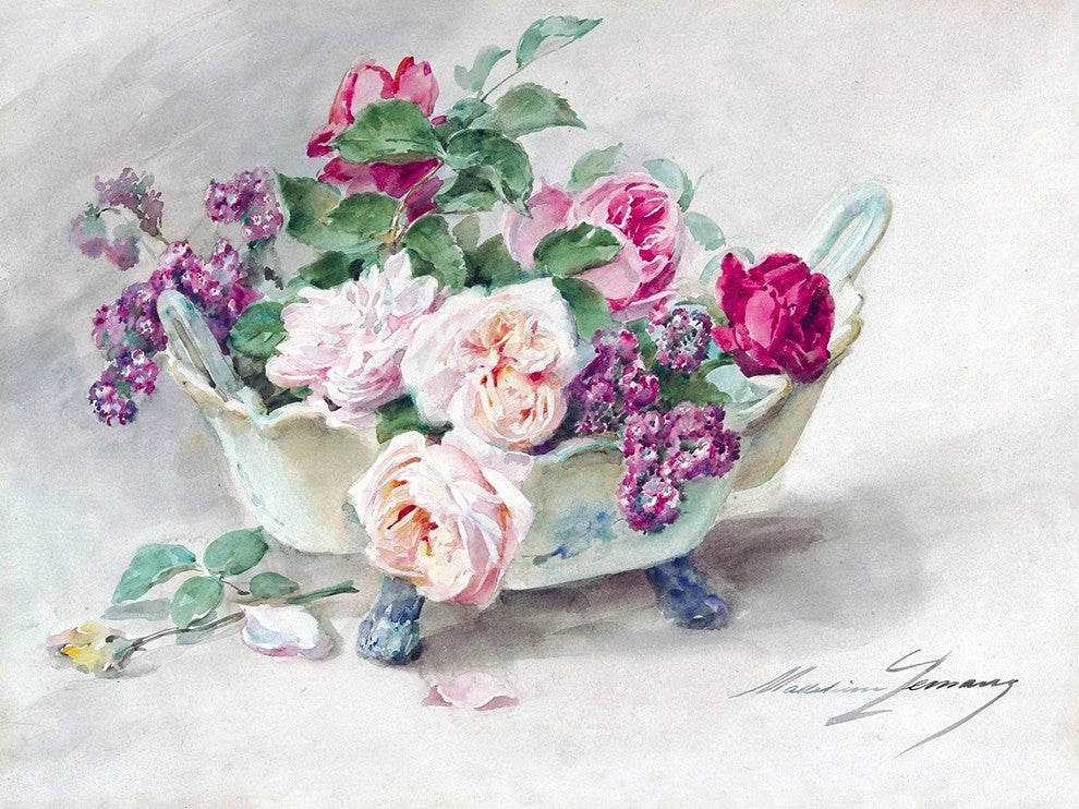 Tile Mural, Watercolor Flowers Roses Vase By Madeleine Lemaire Ceramic, Glossy