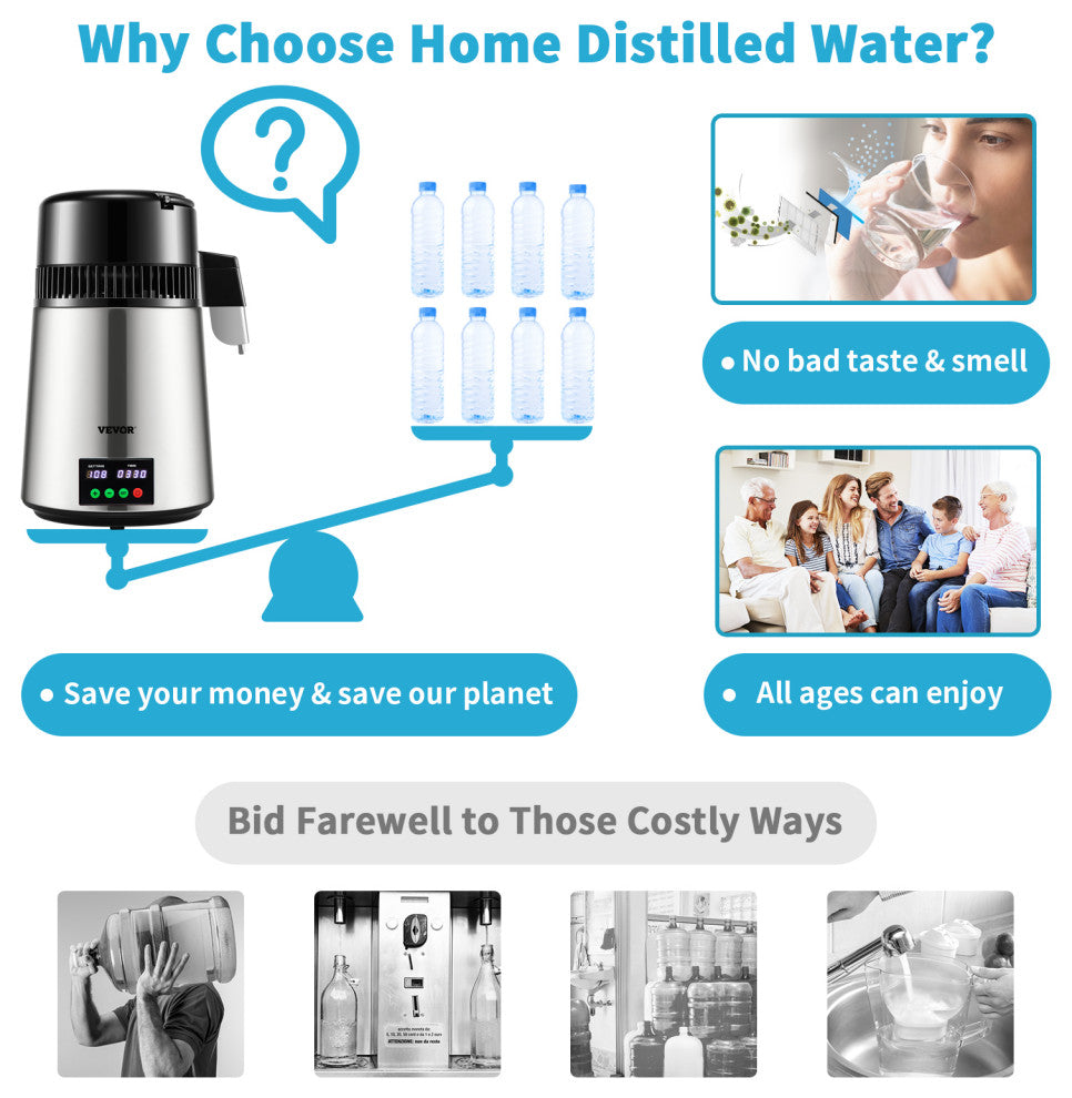 VEVOR 4L Water Distiller 1L/H Distilled Water Maker Timing & Temp Display Silver