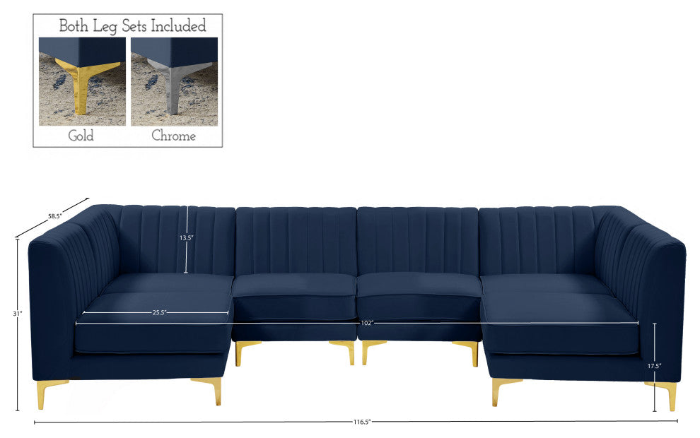 Alina Velvet Modular U-Shaped Sectional, Navy, 6-Piece: 4 Armless Chair, 2 Corner Chair