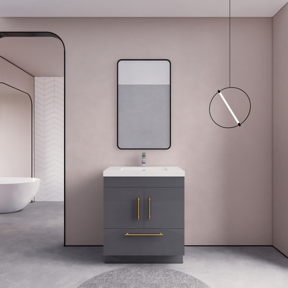 Rosa 30" Free Standing Modern Vanity, High Gloss Gray, Glossy White Top