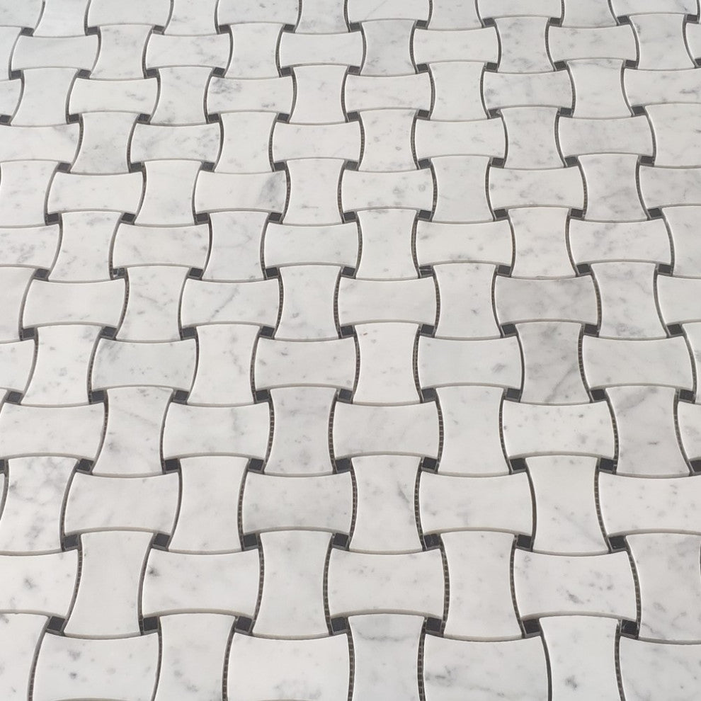 Carrara White Black Marble Dogbone Wicker Weave Mosaic Tile Honed, 1 sheet