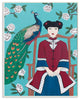 Chinese Woman And Peacock Flower Pattern Blue Red Painting, 10"x15"