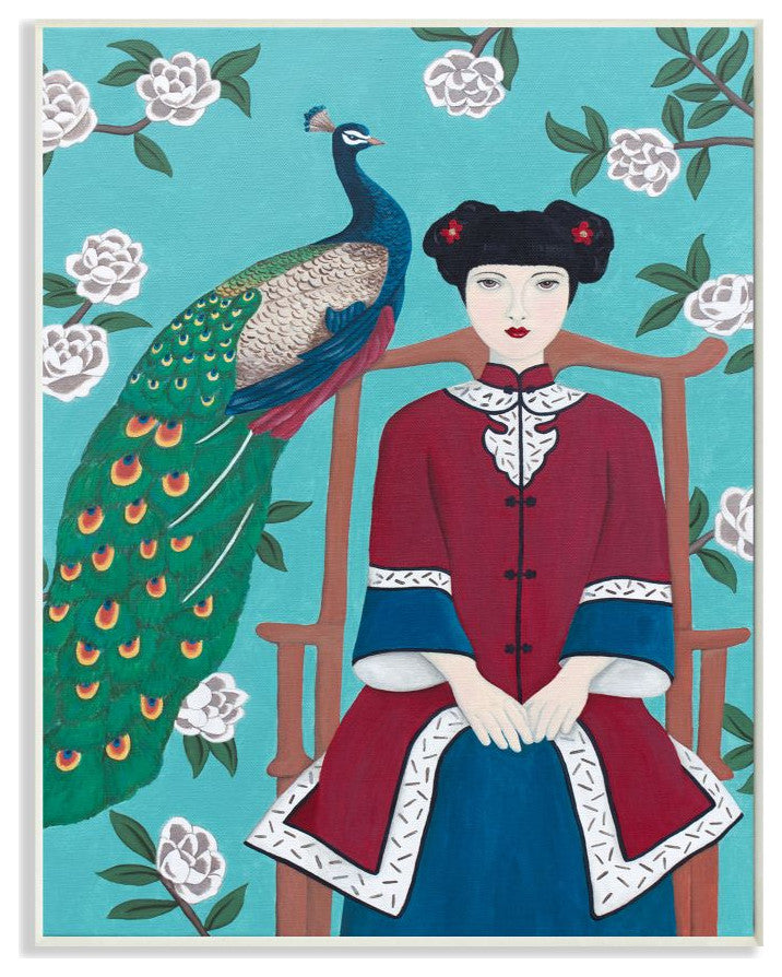Chinese Woman And Peacock Flower Pattern Blue Red Painting, 10"x15"