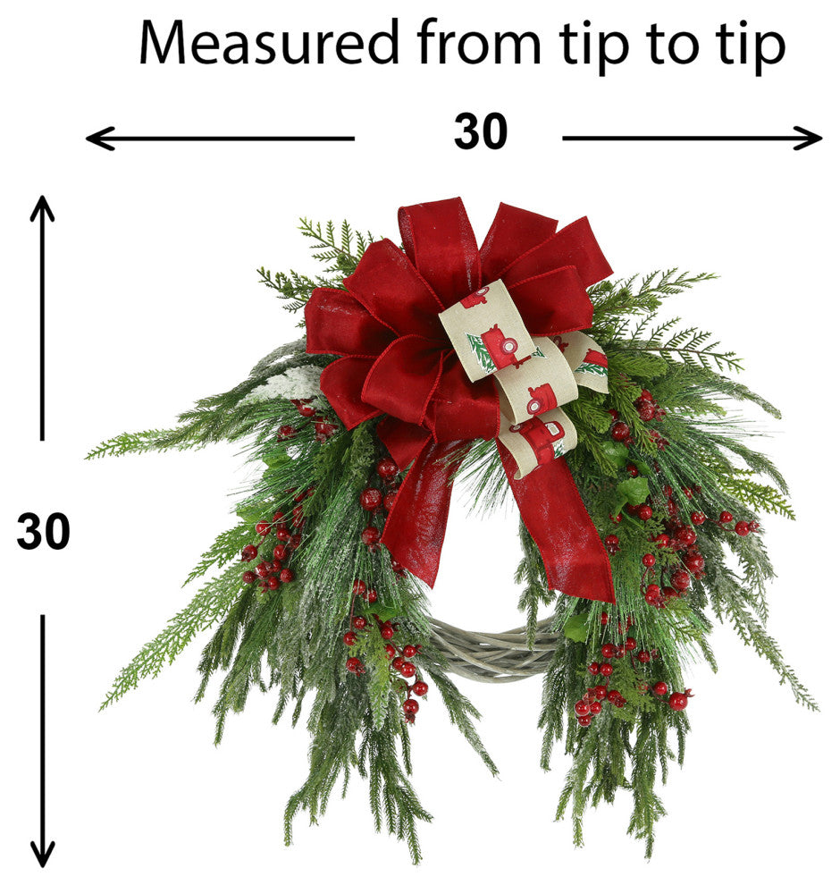 30" Holiday Willow Wreath with Evergreen, Berries and Ribbon