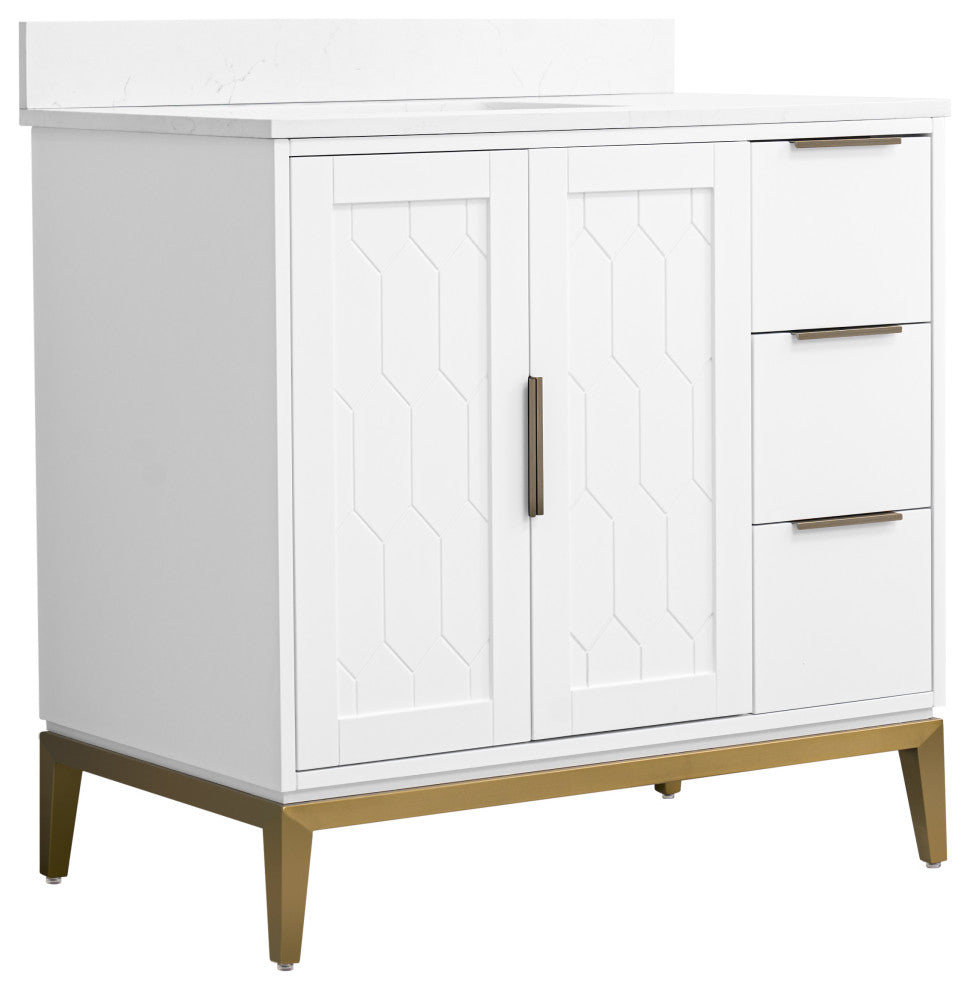 Alison Freestanding Bathroom Vanity with Italian Carrara White Marble Top, White, 36"