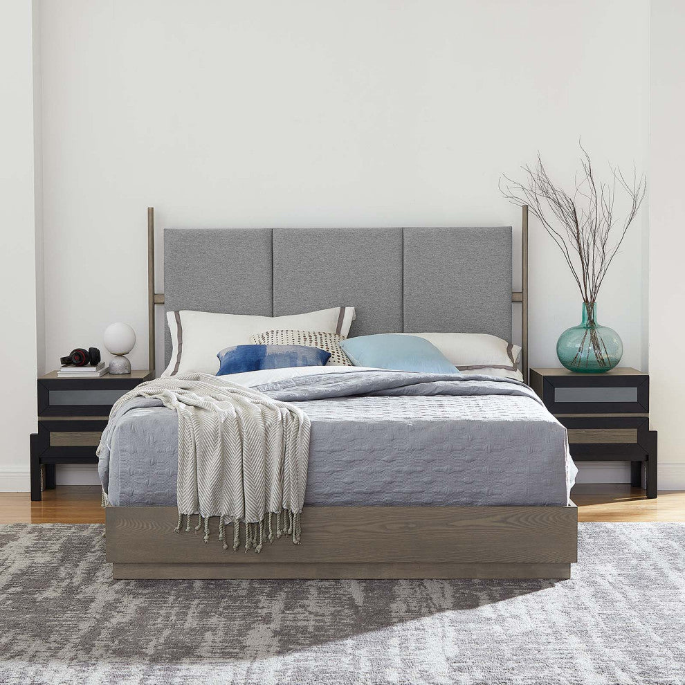 Platform Bed Nightstand Set, Queen Size, Brown Oak, Wood, Modern, Mid Century