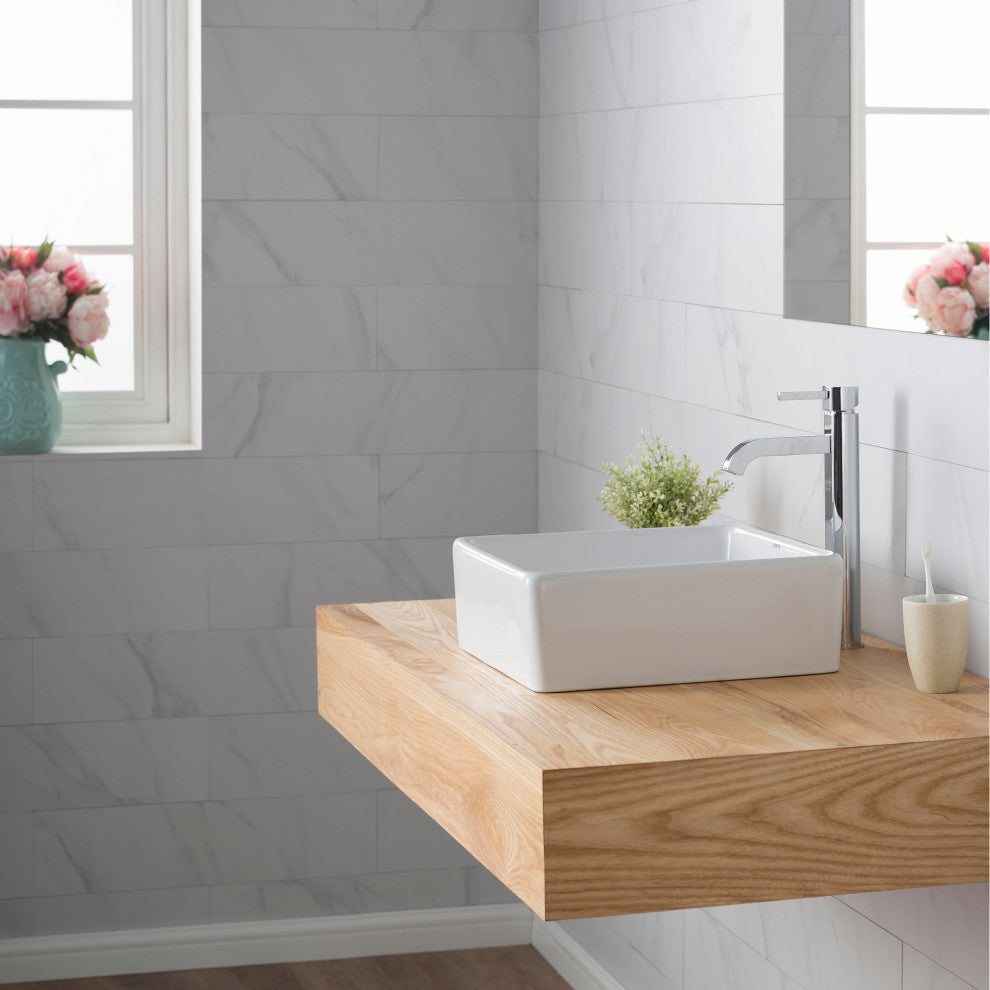Elavo Square Ceramic Vessel Sink, Bathroom Ramus Faucet, PU Drain, Chrome