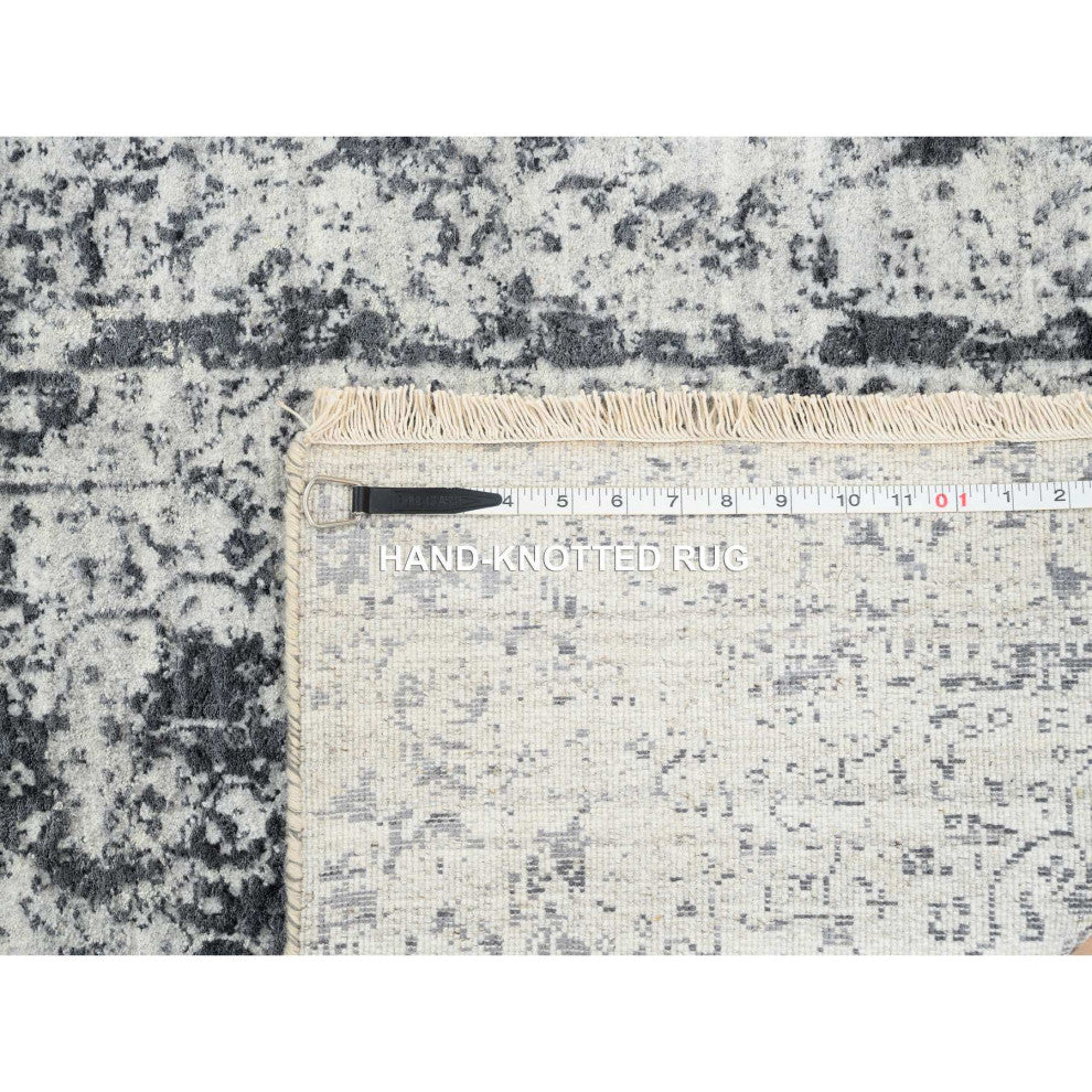 Gray Hand Knotted Erased Persian Design Wool and Silk Runner Rug, 2'7"x12'0"