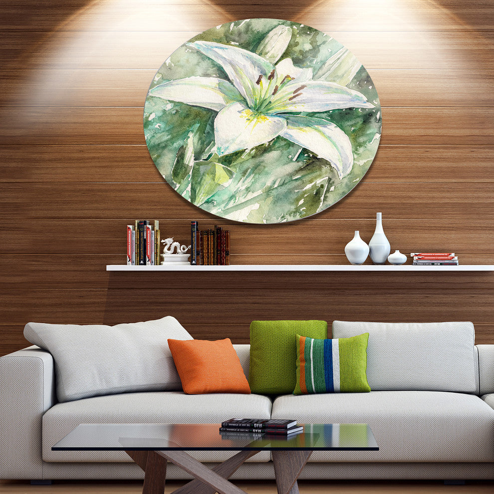 White Lily Painting, Floral Wall Large Disc Metal Wall Art, 36"