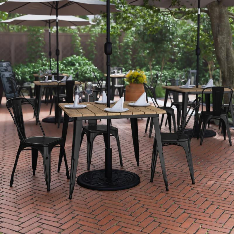 Declan Commercial Indoor/Outdoor Dining Table with Umbrella Hole, 36" Square, Brown/Black