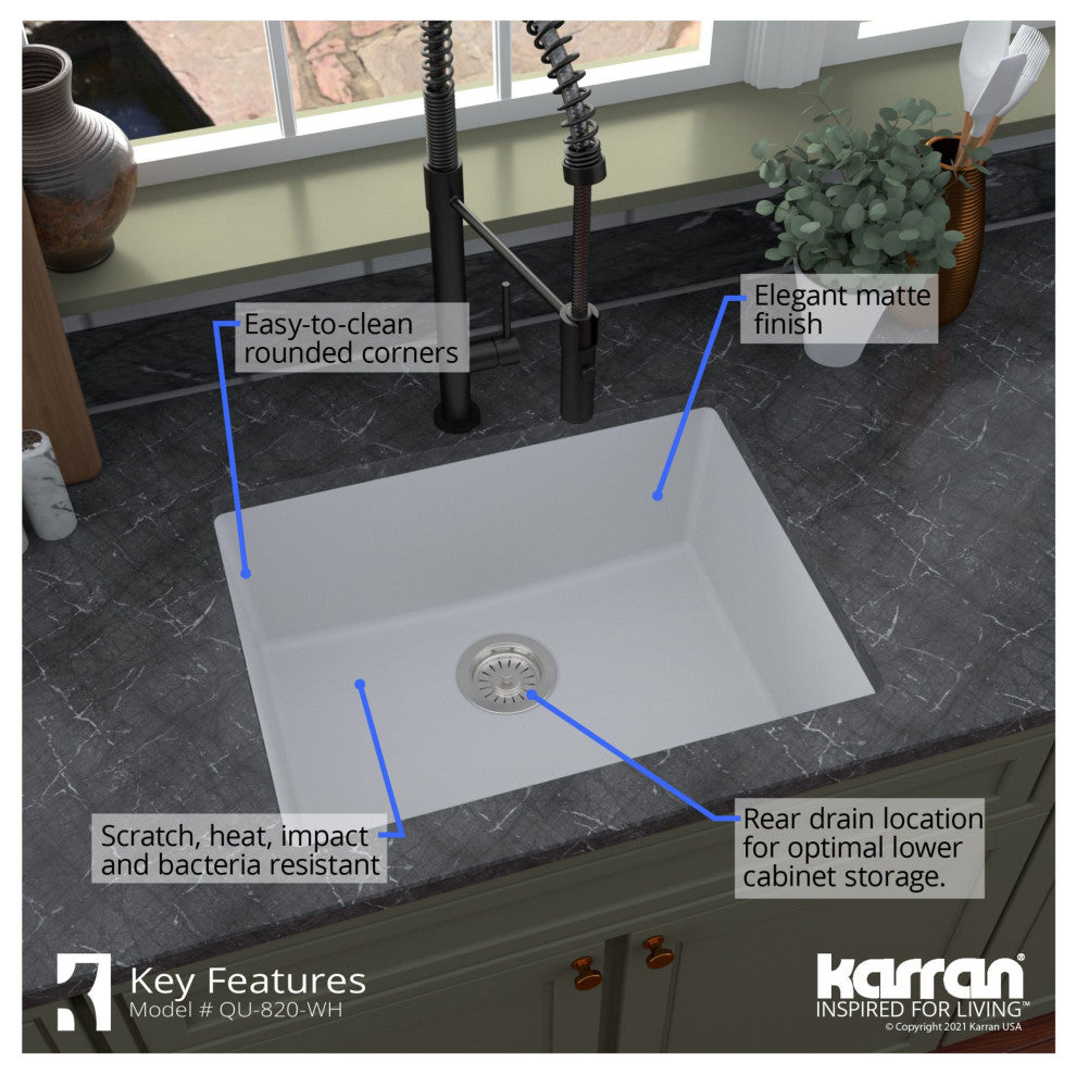 Karran QU-820 Undermount 24.38, Single Bowl Quartz Sink Kit, White