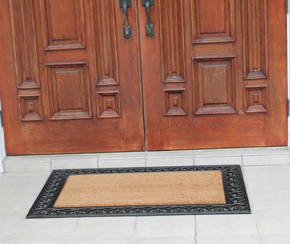 A1HC Black Rubber And Coir Paisley Border Double Doormat, 30"X48"