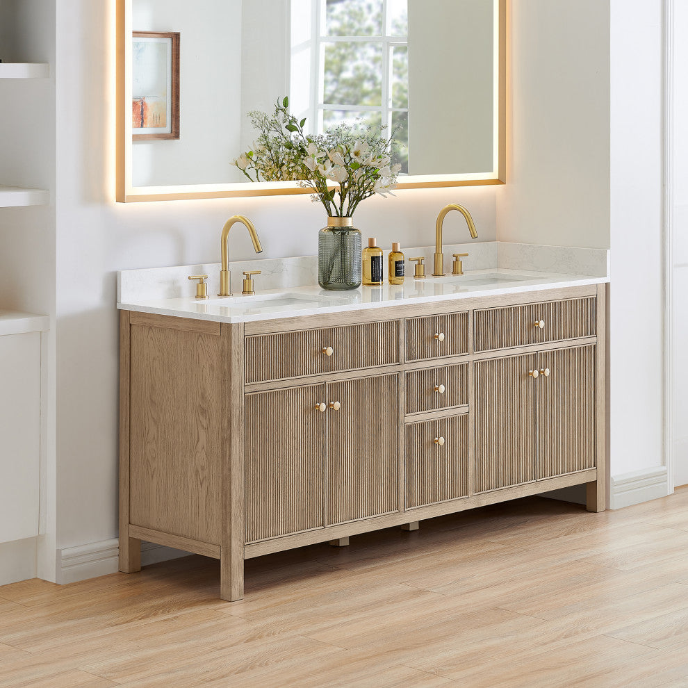 Cerrito Bathroom Vanity, Natural Oak, 72" Double, Without Mirror