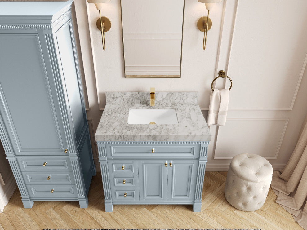 Paris 36" Center Sink Bathroom Vanity, Blue Heather 2" Carrara Marble