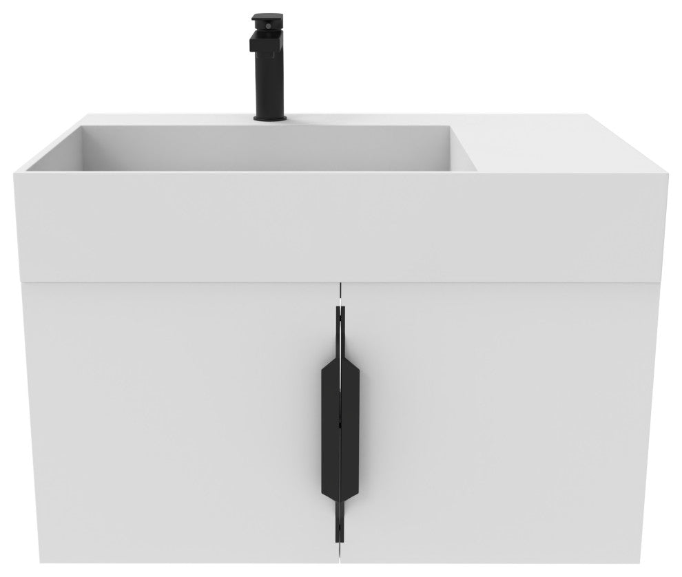 CastelloUSA Amazon 30" Left Wall Mounted Bathroom Vanity Set, White, White Top, Black Handles