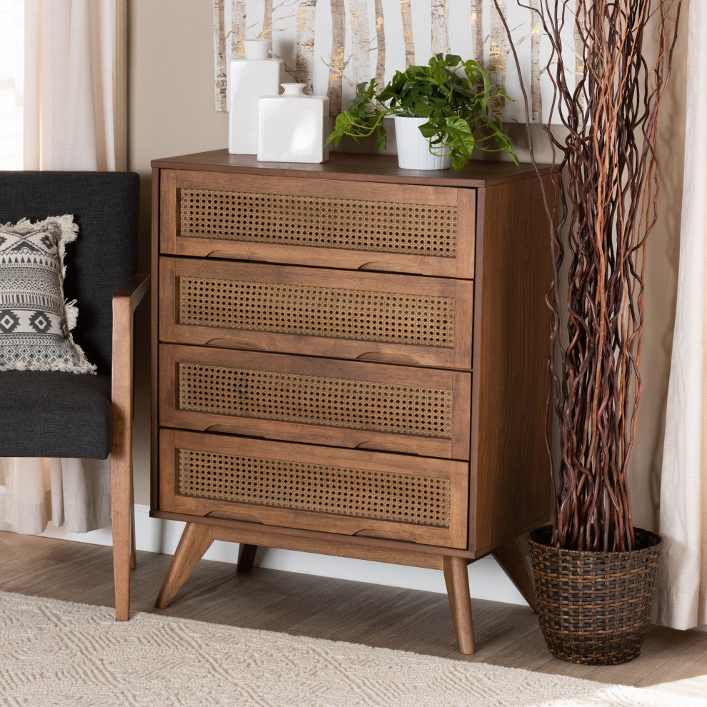 Barrett Mid-Century Brown Finished Wood and Synthetic Rattan 4-Drawer Chest