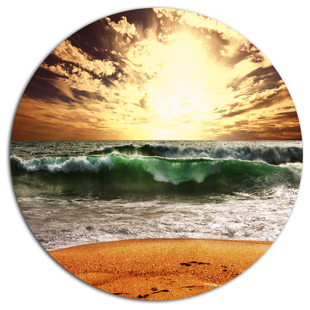 Raging Green Waves At Sunset, Seashore Disc Metal Artwork, 11"