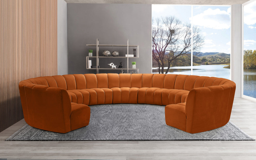 Infinity Channel Tufted Velvet Modular Chair, Cognac, 11 Piece