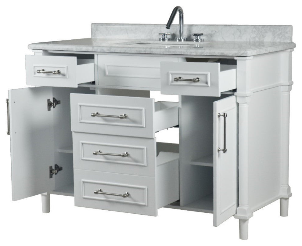48" Single Vanity, White With White Carrara Marble Top