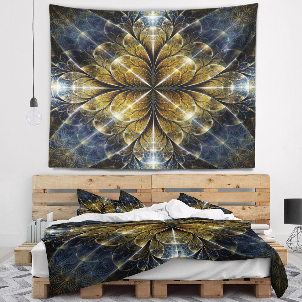 Digital Gold Fractal Flower Pattern Abstract Wall Tapestry, 60"x50"
