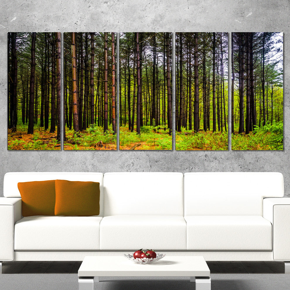 Pine Trees in Michaux Forest, Modern Forest Canvas Art, 60"x28", 5 Panels