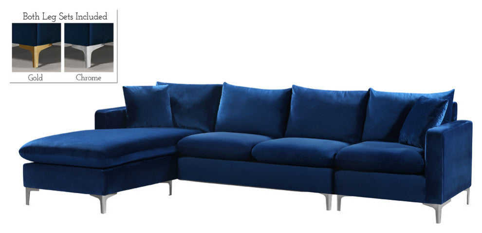 Naomi 3-Piece Velvet Upholstered Reversible Sectional, Navy