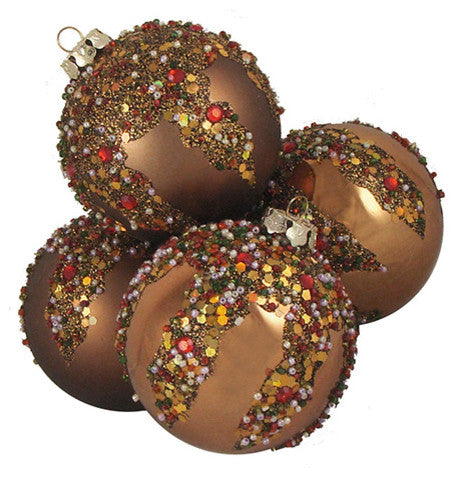 Set of 4 Brown Glitter Sequin Beaded Shatterproof Christmas Ball Ornaments 80mm