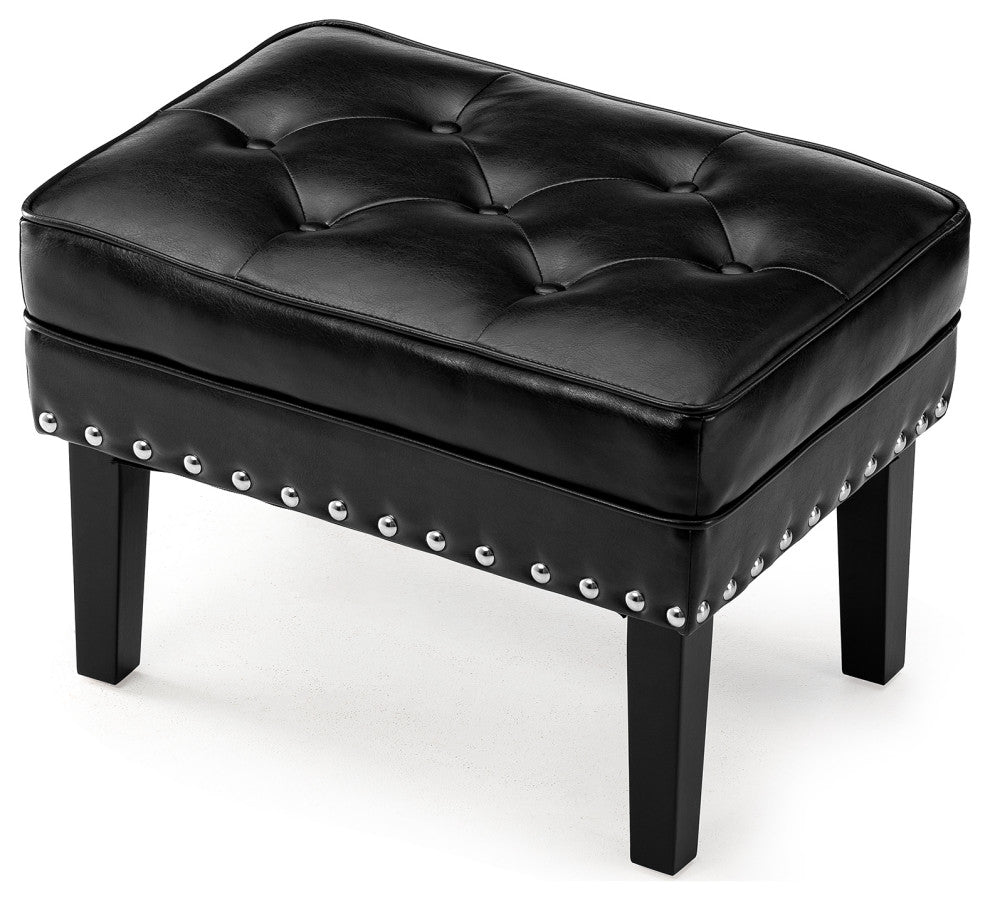 Set of 2 Leatherette Button-Tufted Accent Stool, Black