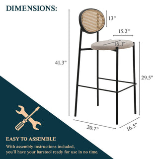 LeisureMod Euston Wicker Bar Stool With Black Steel Frame and Footrest, Beige