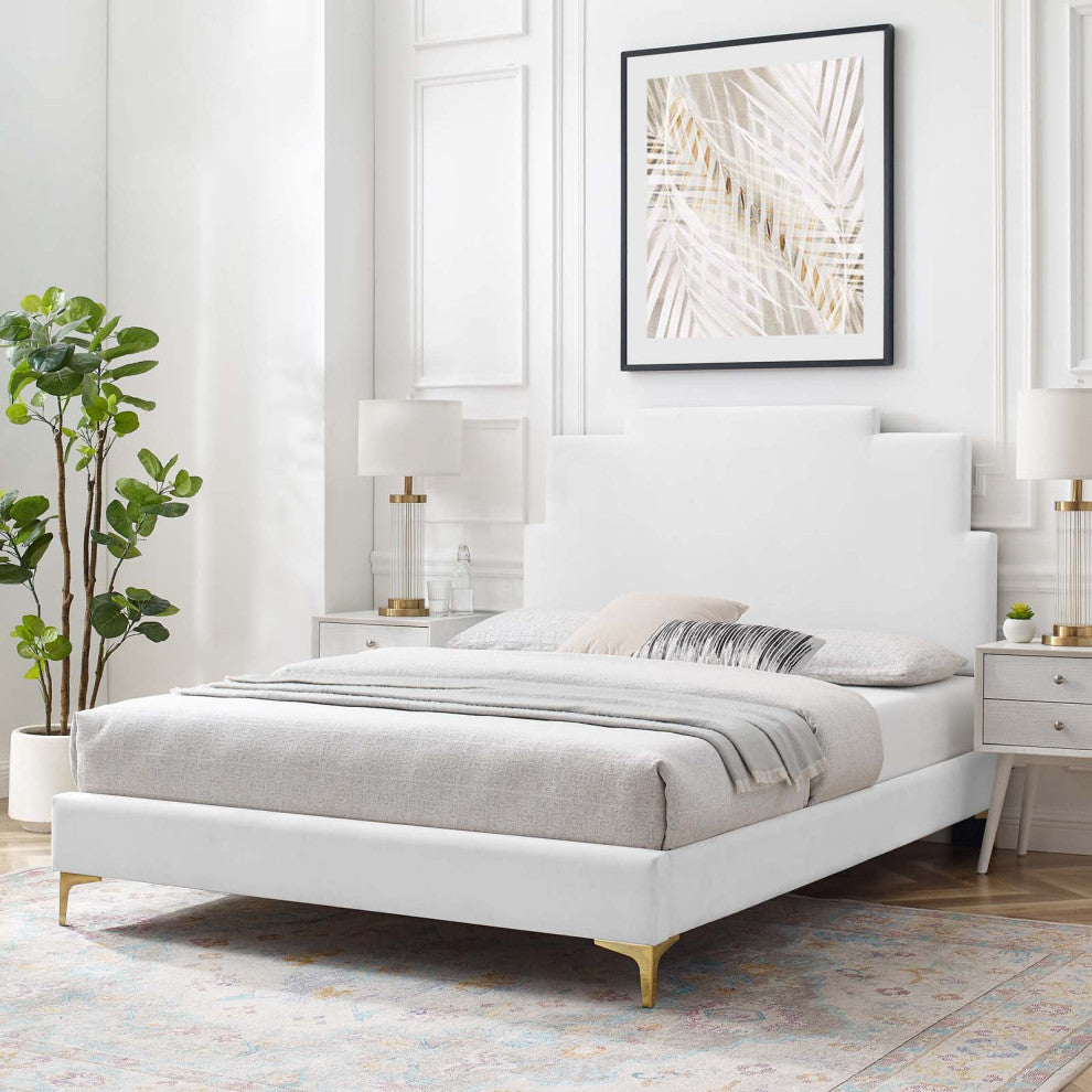 Platform Bed Frame, King Size, Velvet, White, Modern Contemporary, Bedroom