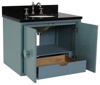 31" Single Wall Mount Vanity, Aqua Blue Finish With Black Galaxy Top