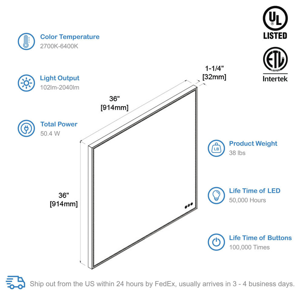 Fogless, Dimmable, Color Temperature Adjustable LED Mirror, Matte Black, 36x36