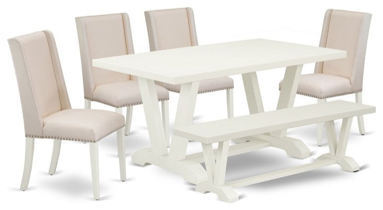 6-Piece Dinette Set, Cream, Seat Chair Chairs, Bench and Top Table, Linen White