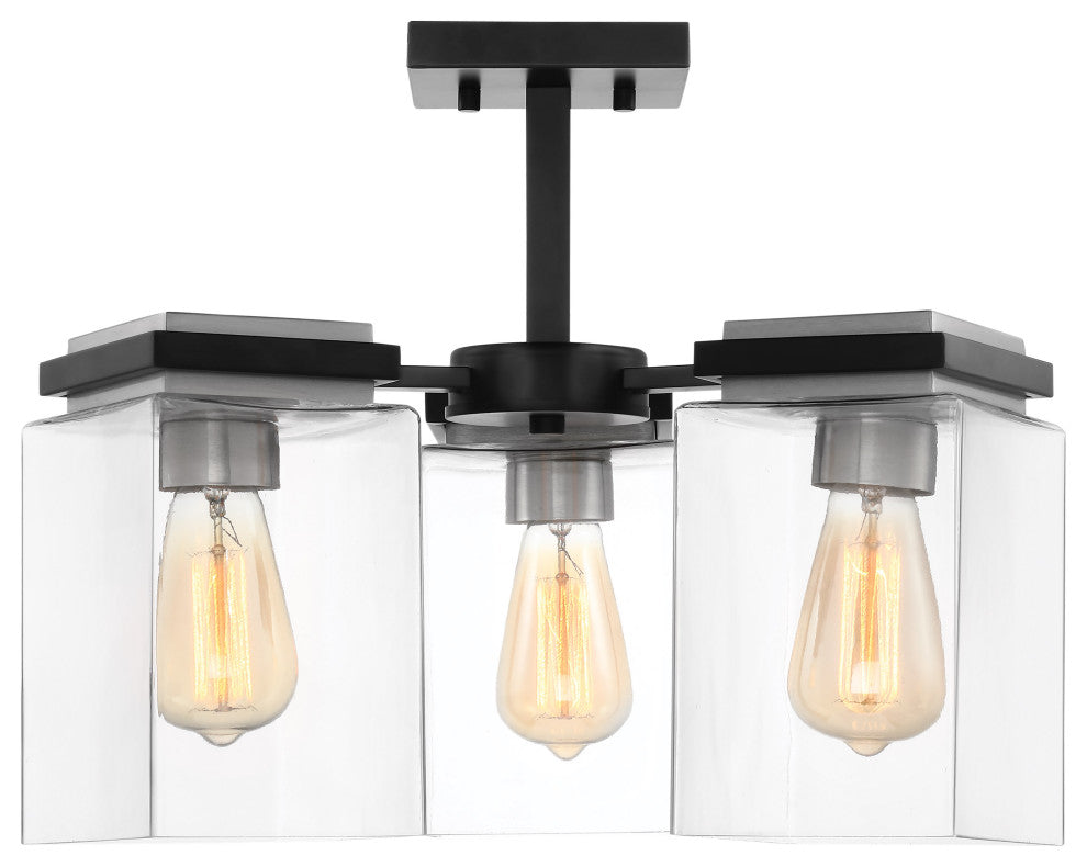 Crossroads 3-Light Semi-Flush Fixture, Matte Black With Clear Glass