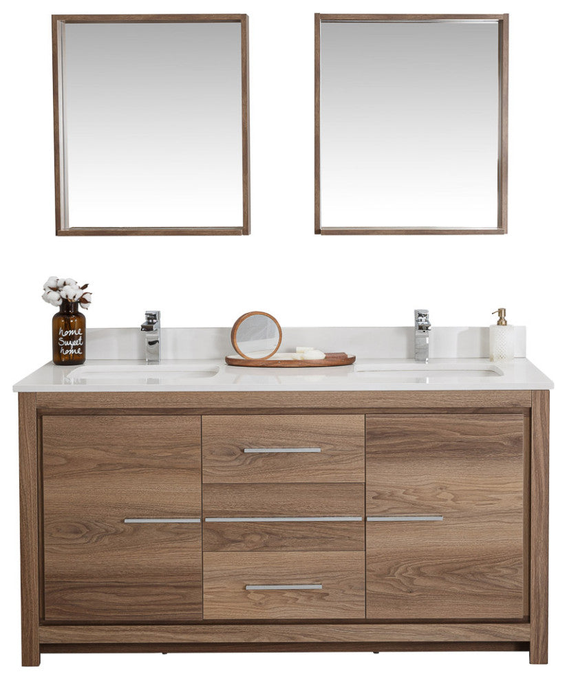 Mila Collection 60" Bathroom Vanity With Sink, Mirror, Countertop, Walnut Brown