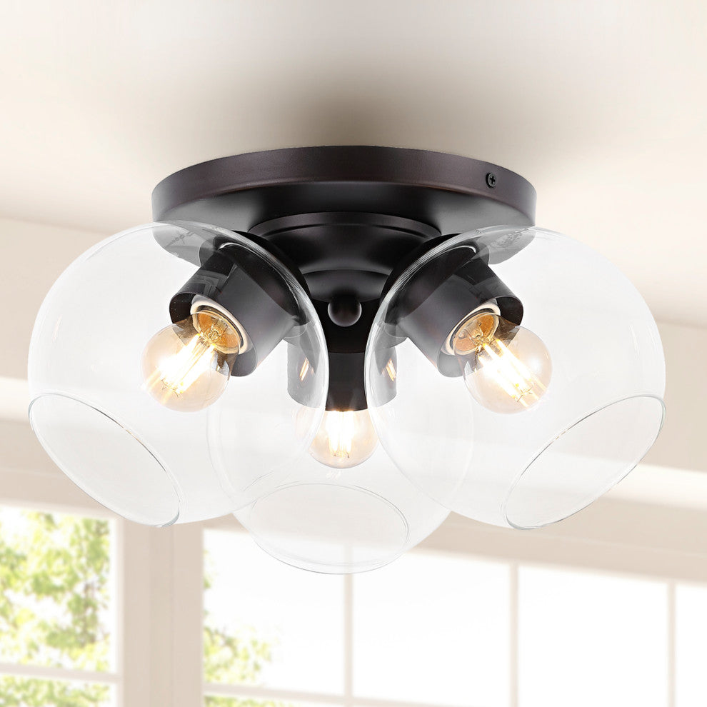 Iris 11.5" 3-Light Farmhouse Rustic Iron/Glass LED Semi Flush Mount, Black