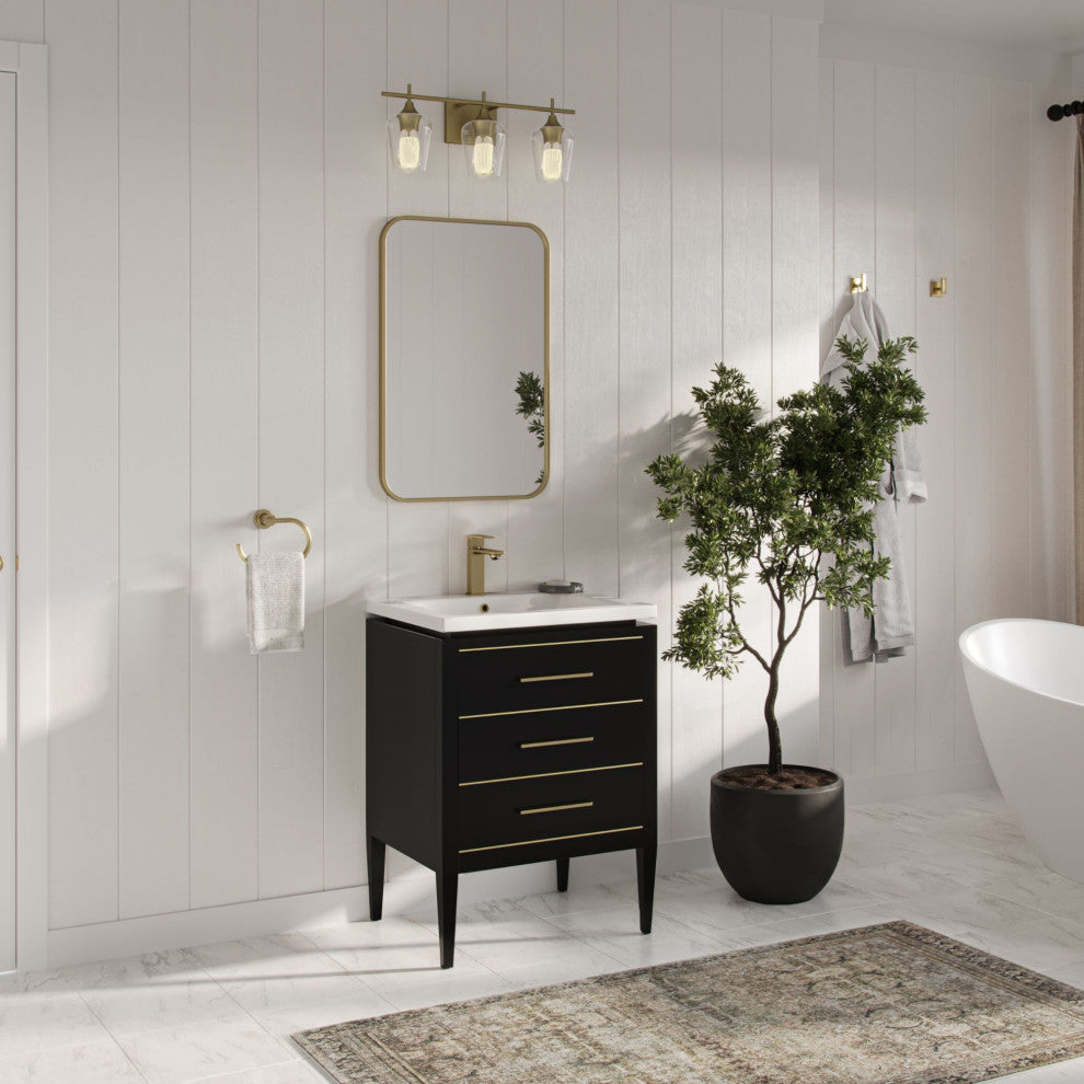 Celios Bathroom Vanity, Black with Brass Trim, 24", Single Sink, Freestanding