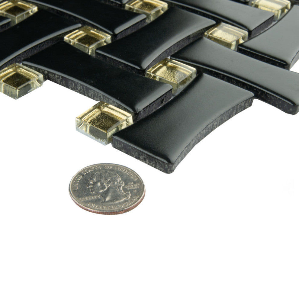 Metro Dog Bone Basketweave Matte Black w/Glass Gold Dot Porcelain Wall Tile