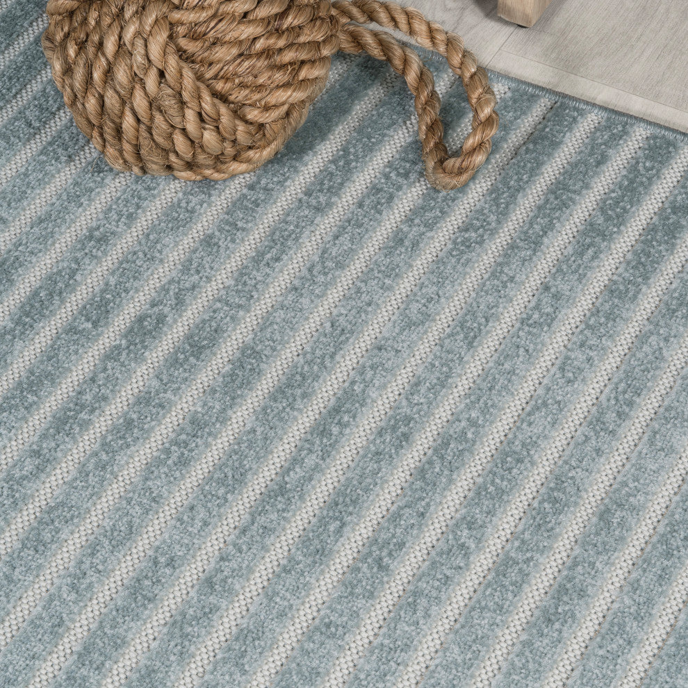 Aarhus High-Low Scandi Striped Blue/Ivory 8 ft x 10 ft Indoor/Outdoor Area Rug