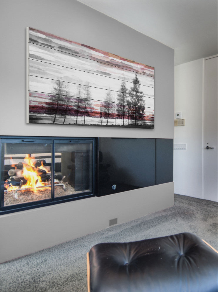 "Red Behind the Trees" Print on White Wood, 60"x30"