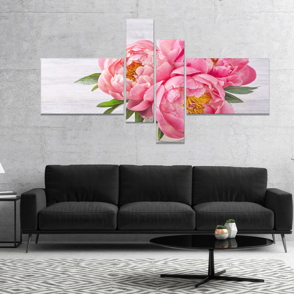 Bunch of Peony Flowers In Vase, Floral Canvas Art Print, 60"x32", 4 panels