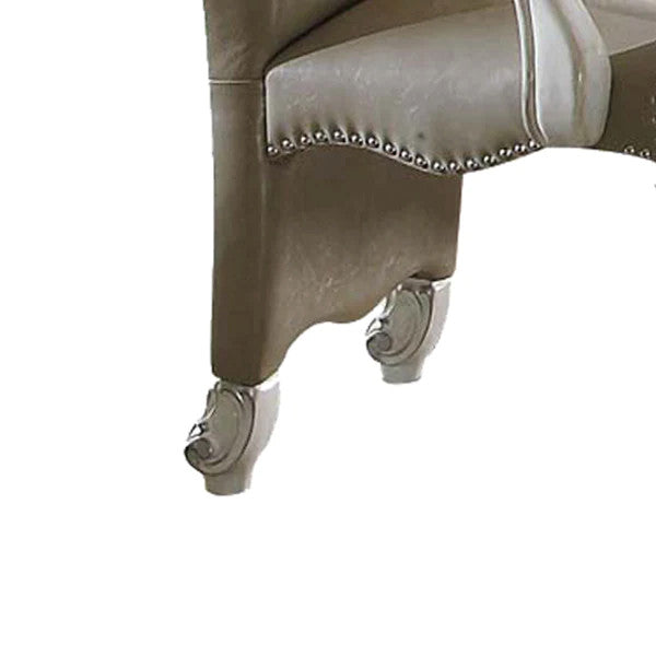 Benzara BM204356 Faux Leather Wooden Arm Chairs, Set of Two, White and Gray