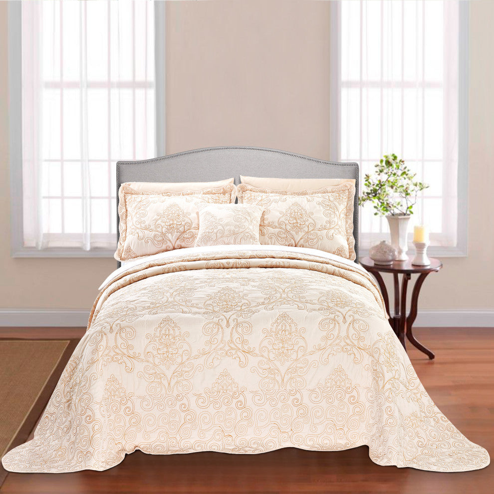 Damask Embroidered Quilted 4 Piece Bed Spread Sets, Salmon, King