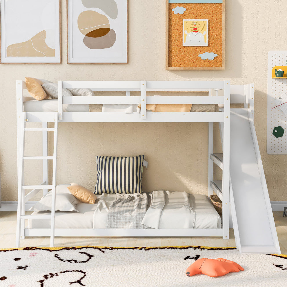 Gewnee Wood Full Over Full Bunk Bed with Ladder, Slide and Shelves in White