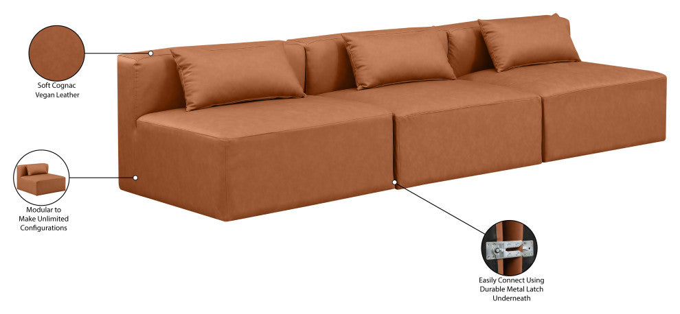 Cube Upholstered Modular Sofa, Cognac, 3-Piece: 3 Armless Chair, Vegan Leather